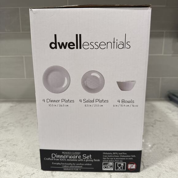 Boxed Set of 12 BEADED CLASSIC White Melamine Dinnerware Plates Bowls NEW - Picture 5 of 7